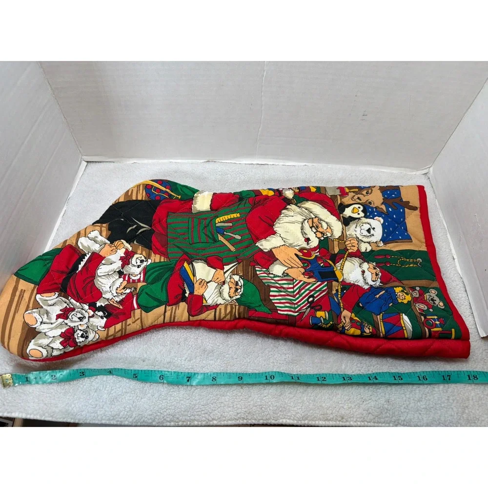 Vintage 80/90s Christmas Stocking Multicolor Santa Workshop Quilted 18